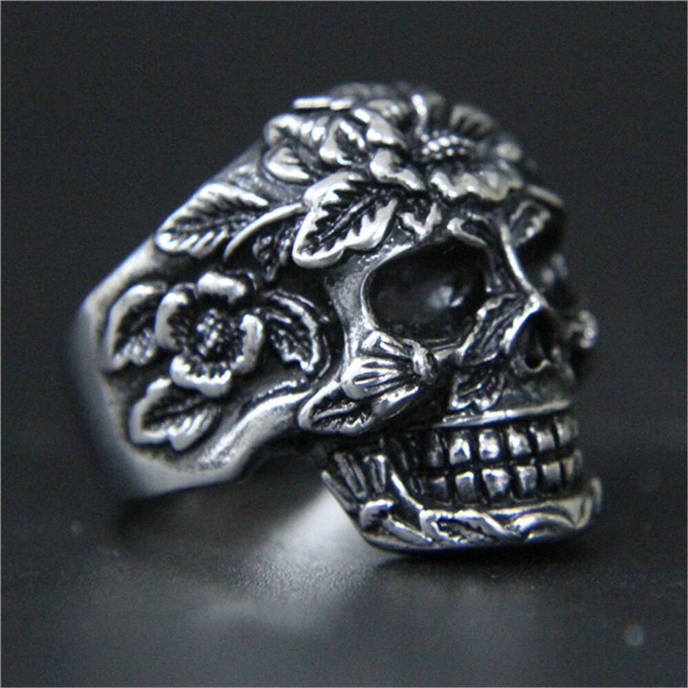 Stainless Steel Jewelry Men Boys Punk Rose Flower Skull Ring