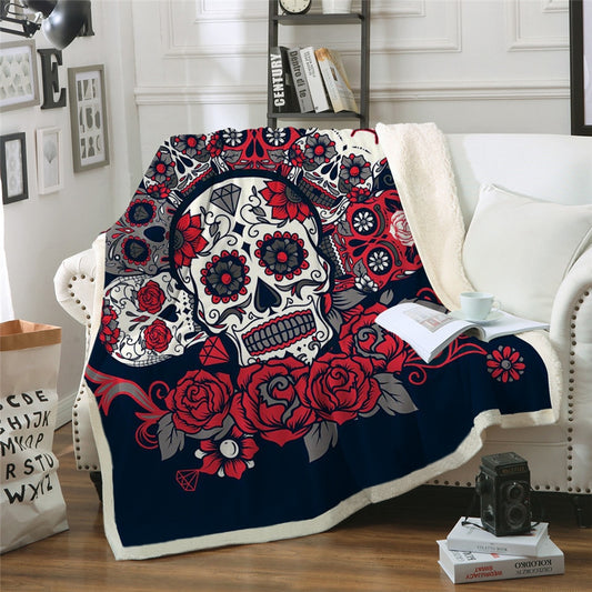 Sugar Skull Blanket Roses Microfiber Sherpa Sofa Throw Blanket Floral