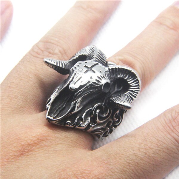 Stainless Steel Women Mens Fashion Horn Goat Cross Skull Ring