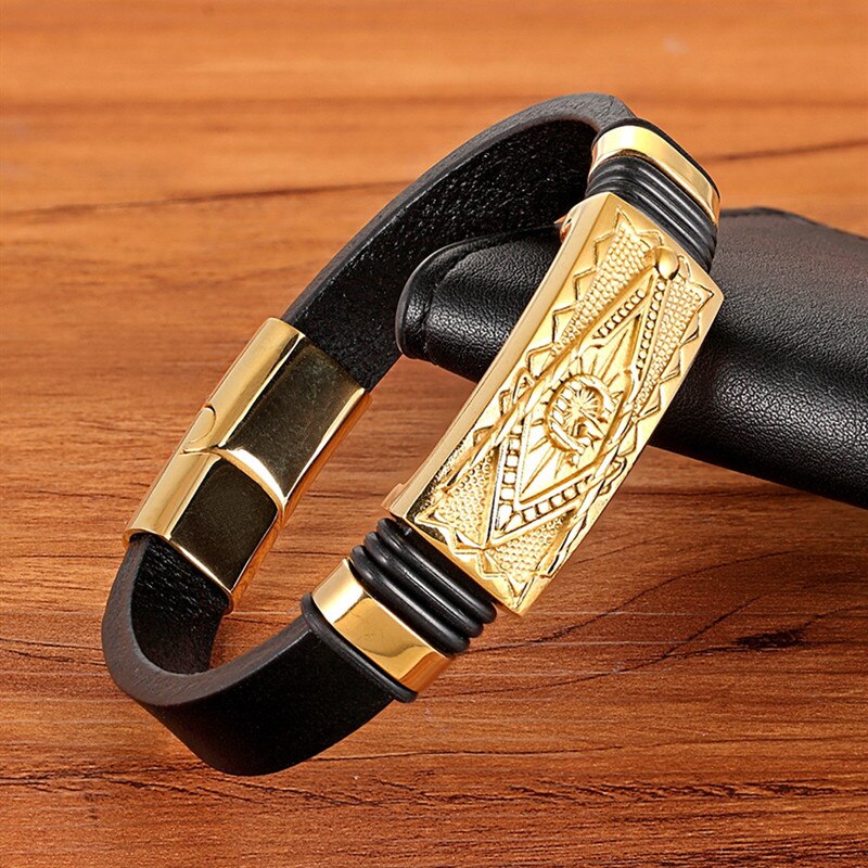 Brand Punk Men's Natural Leather Stainless Steel Gold