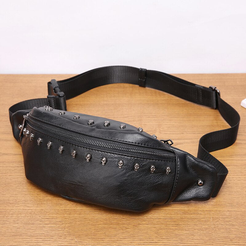 Fashion Unisex Waist Pack Bag Pu Leather Skull Chest Bag Black