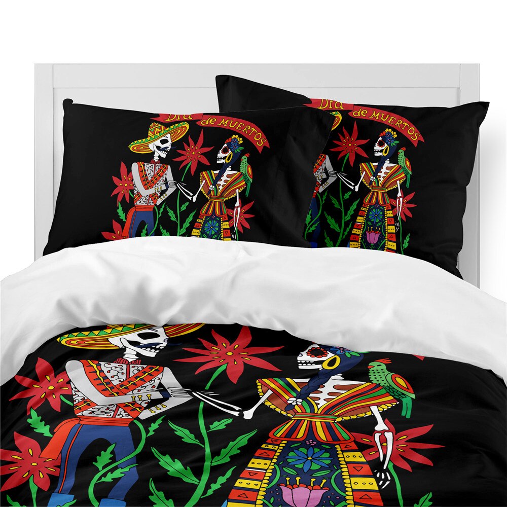 Exotic Couple Skeleton Bedding Set Colorful Floral Duvet Cover Sugar Skull