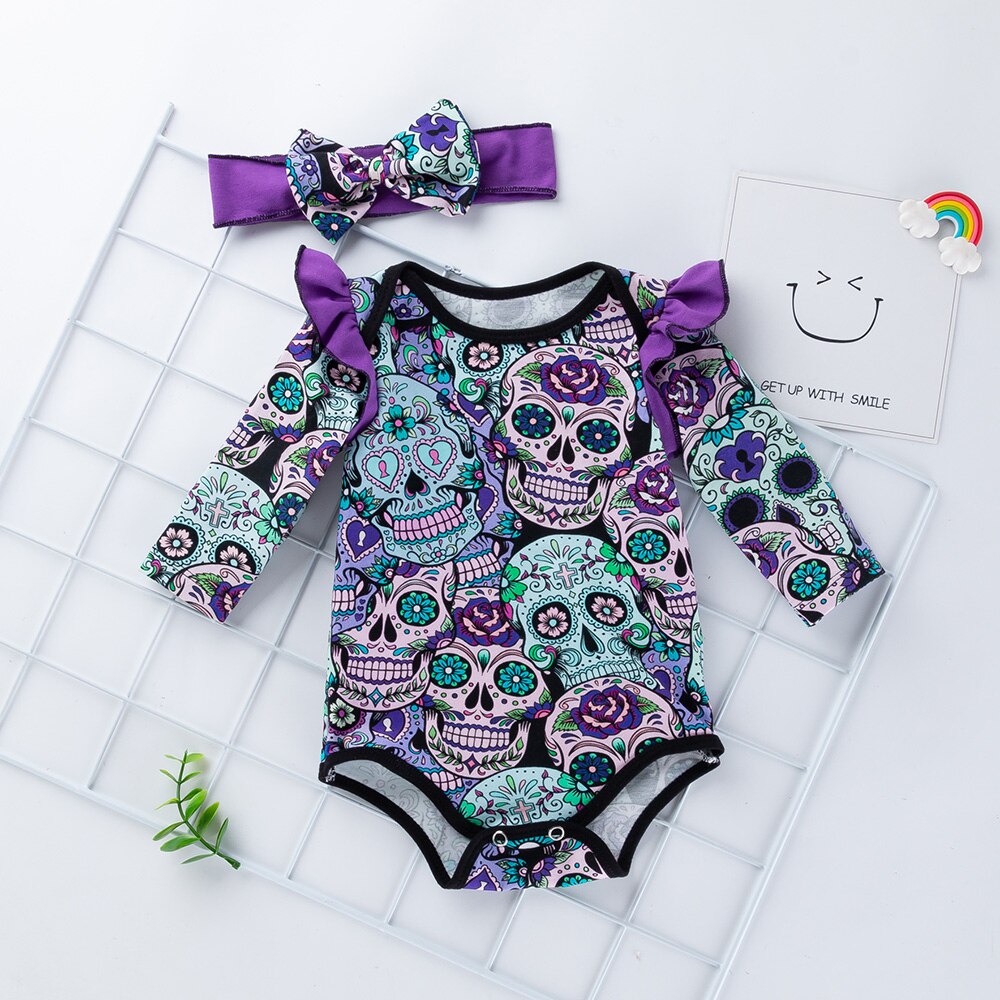 Set of 2 pcs: Baby Girl Boy Bodysuit Long Sleeve Skull Print Newborn Infant Suit & Headband