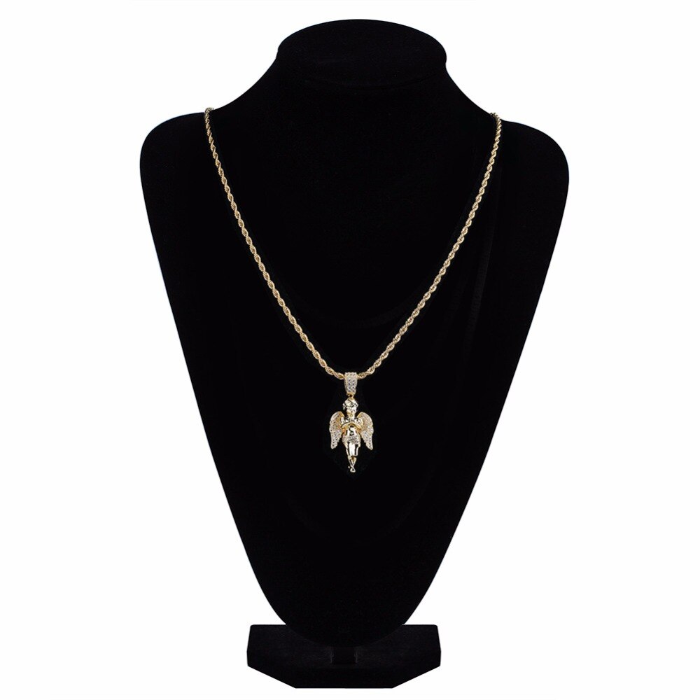 AAA+ Zircon Bling Ice Out Cupid Angel Pendant Necklaces Gold