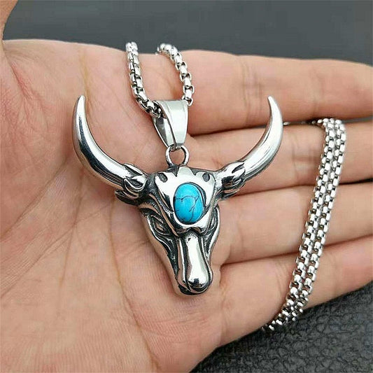 Punk Skull Bull Head Pendants Natural Stone Men's Necklace