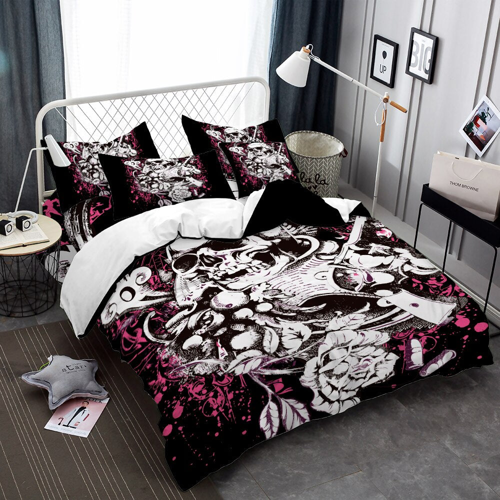 Sugar Skull Bedding Set Hot Pink Flower With Pistol Duvet Cover