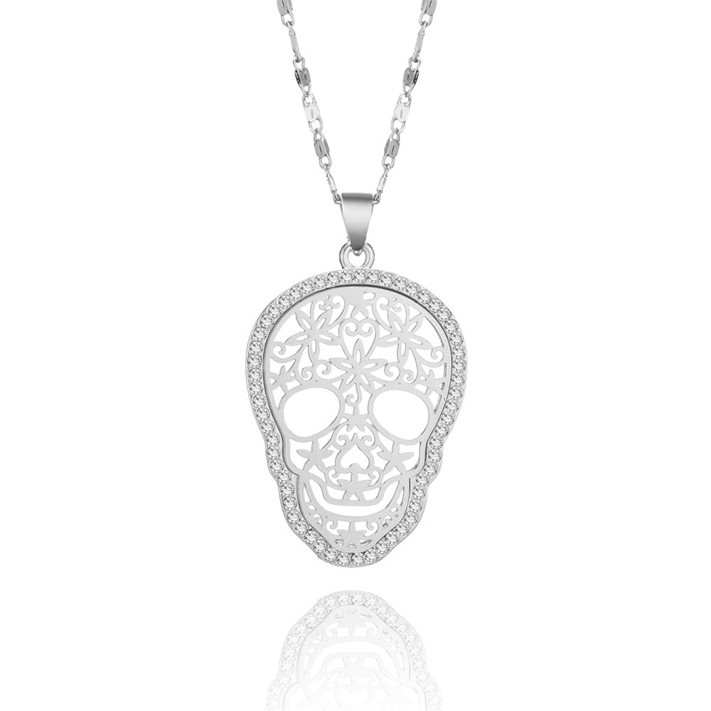 Crystal Flower Skull Charms Necklace For Women