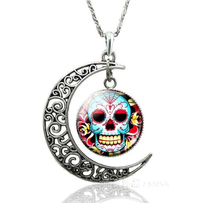 Skull Crescent Moon Necklace Antique  Glass Pendant Necklace Sugar Skull Jewelry