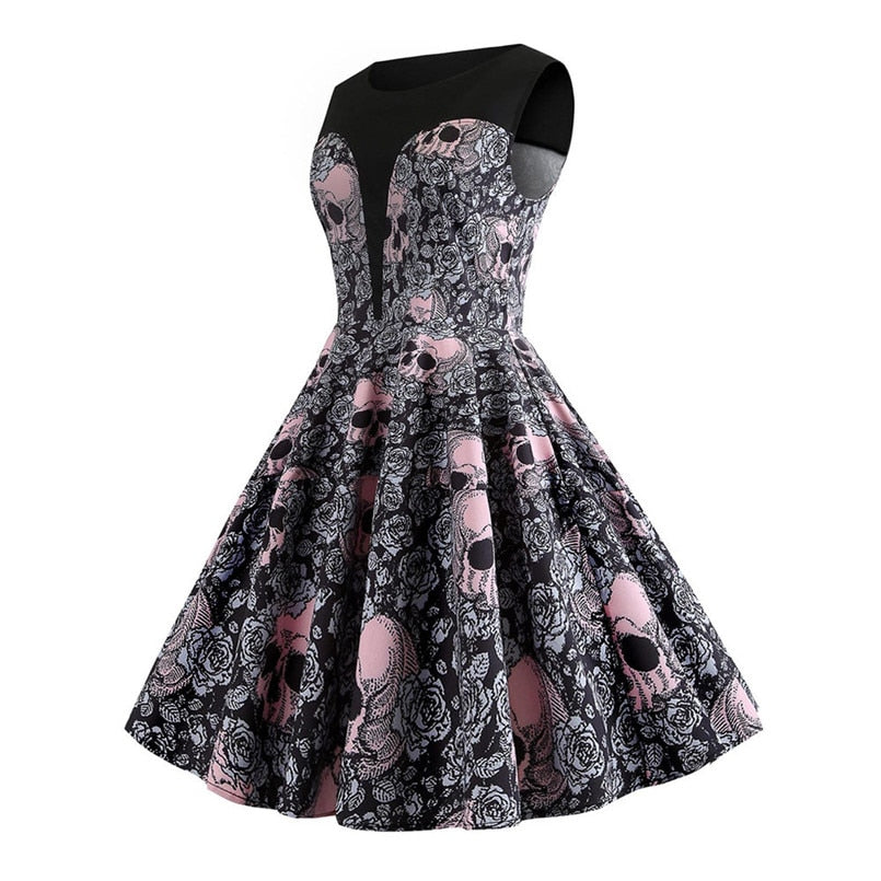 Halloween Dress Women O Neck Sexy Dress Skull Floral Print Party Dress