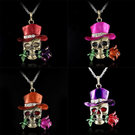 Long Jewelry Sweater Necklace Clear Crystal Skull Flowers Jewelry