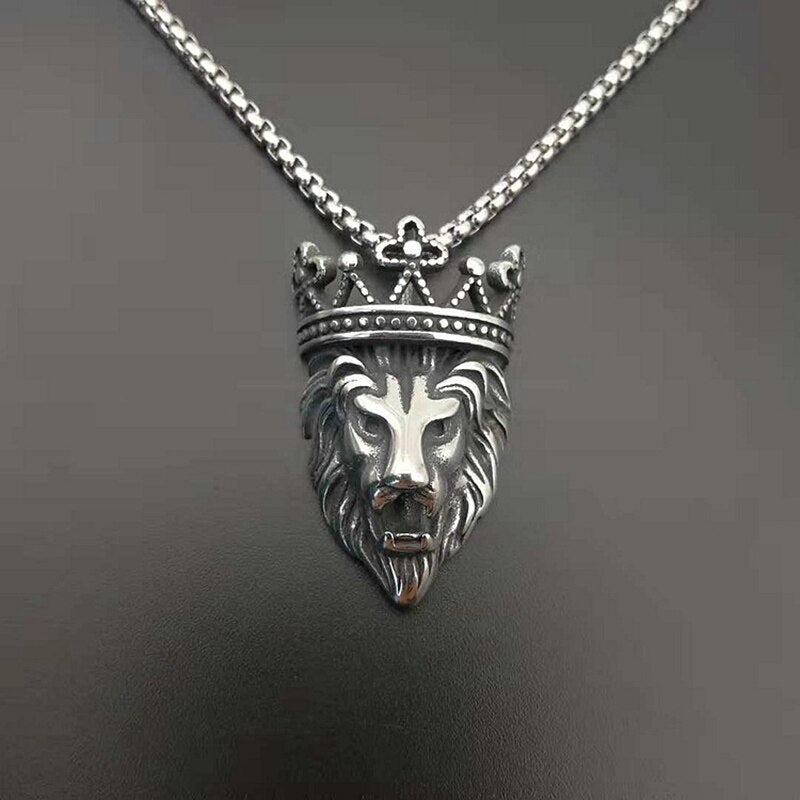 Punk Rock Titanium Steel Crown Lion Head Men Pendants Necklaces