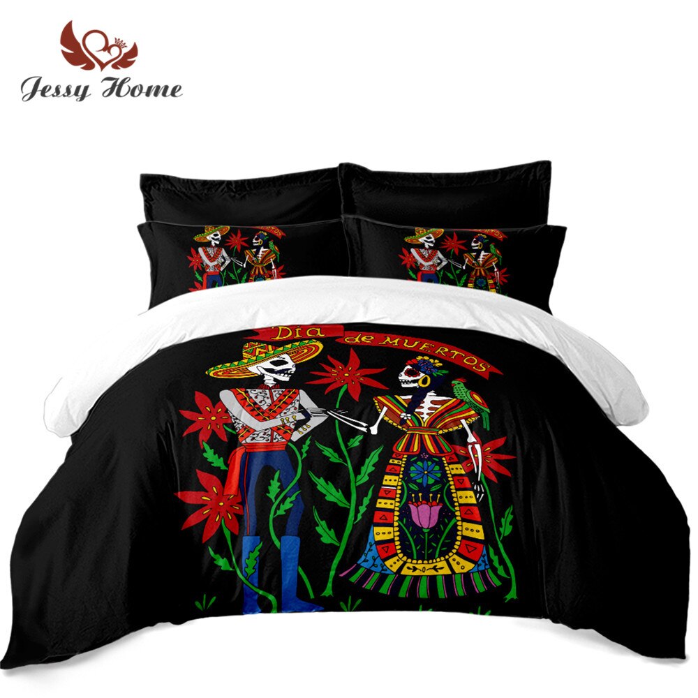 Exotic Couple Skeleton Bedding Set Colorful Floral Duvet Cover Sugar Skull