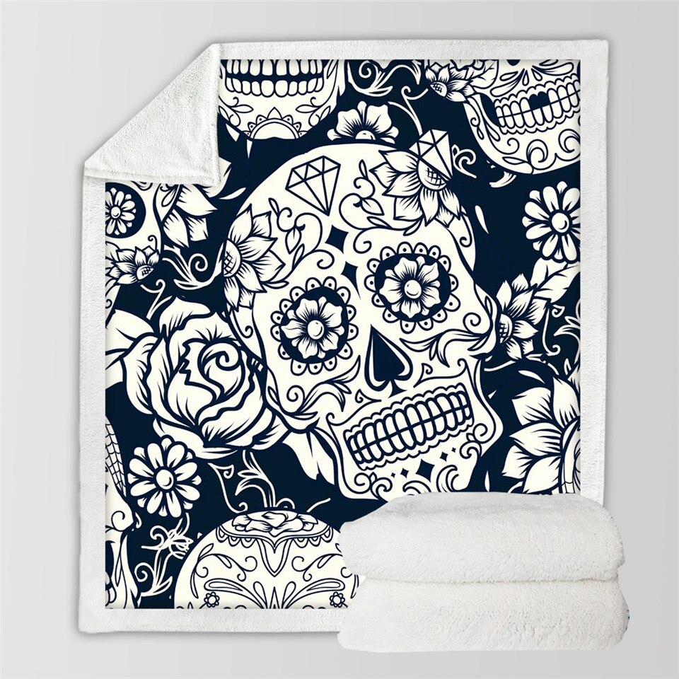 Sugar Skull Blanket Roses Microfiber Sherpa Sofa Throw Blanket