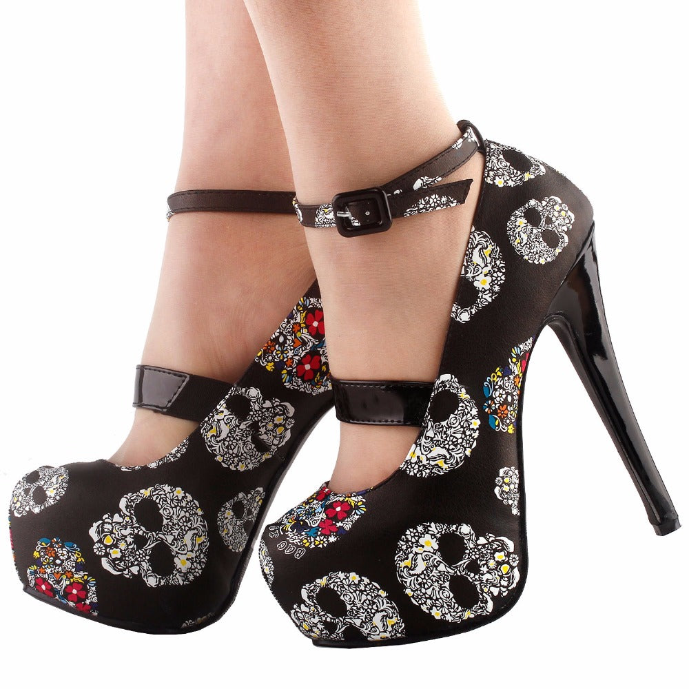 Women Sexy Skull Print Ankle Strap Platform Stiletto Heel Dress Pumps