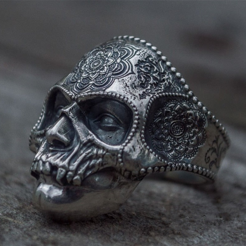 Unique Silver Color 316L Stainless Steel Heavy Sugar Skull Ring Mens