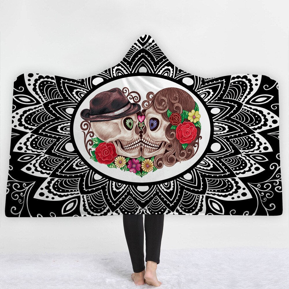 Sugar Skull Flower Hooded Blanket For Adults Kids Floral Gothic