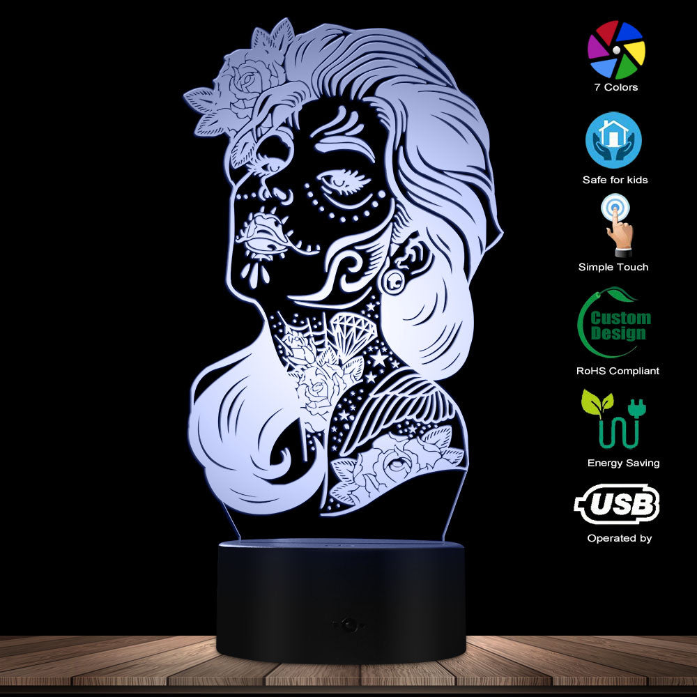 Day Of The Dead Color Change Night Light Girl Sugar Skull LED Table Lamp