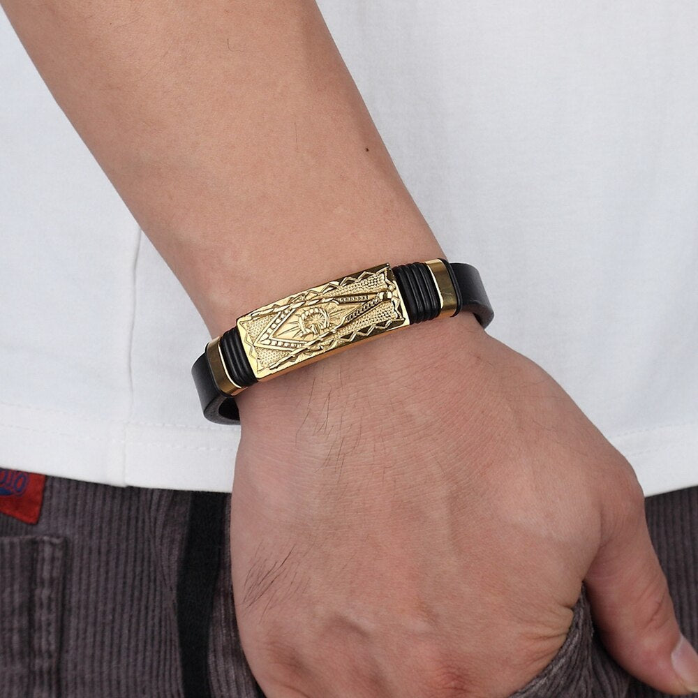 Brand Punk Men's Natural Leather Stainless Steel Gold