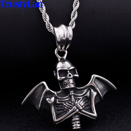 Cool Stainless Steel Men Necklace Bat & Skull Pendant Necklace