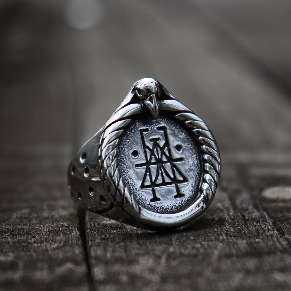 Crow Skull Rune Signet Rings Mens Viking Silver