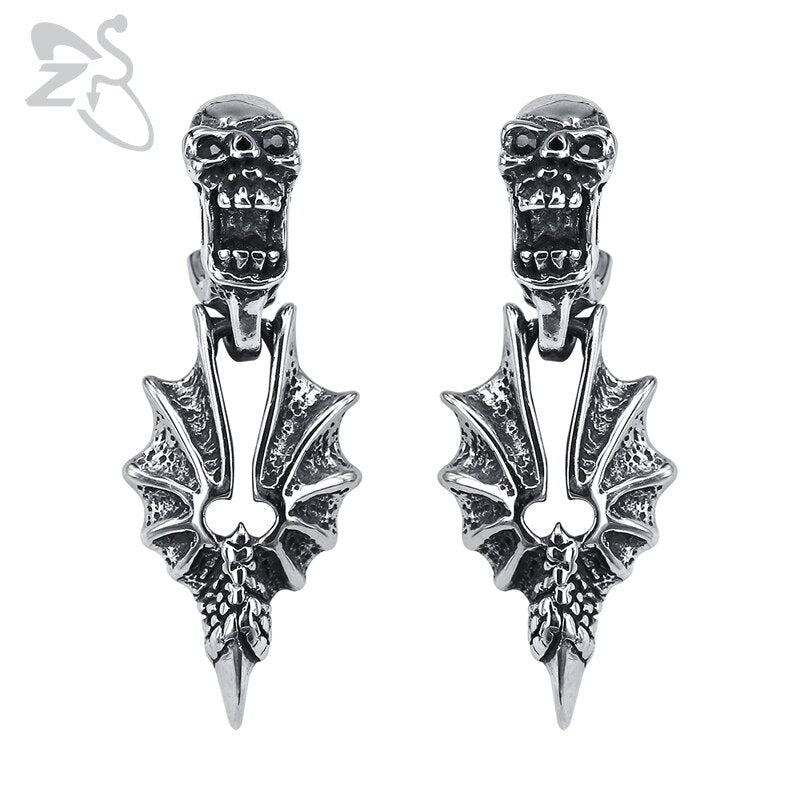 Punk Men's Stainless Steel Earrings Skull & Dragon Wings Stud Earrings