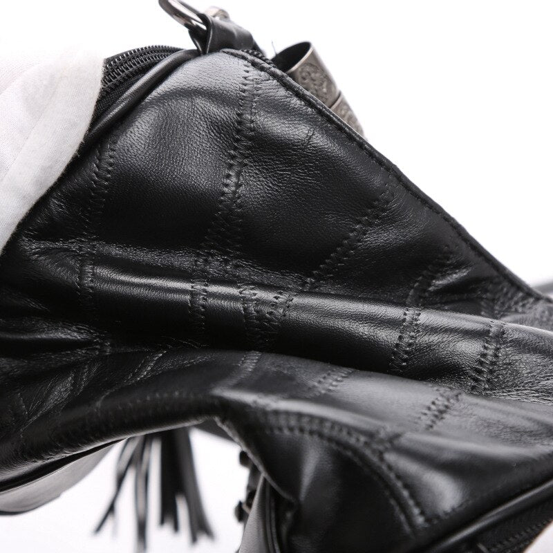 Genuine Leather Tassels Skull Handbag Women Luxury Rock