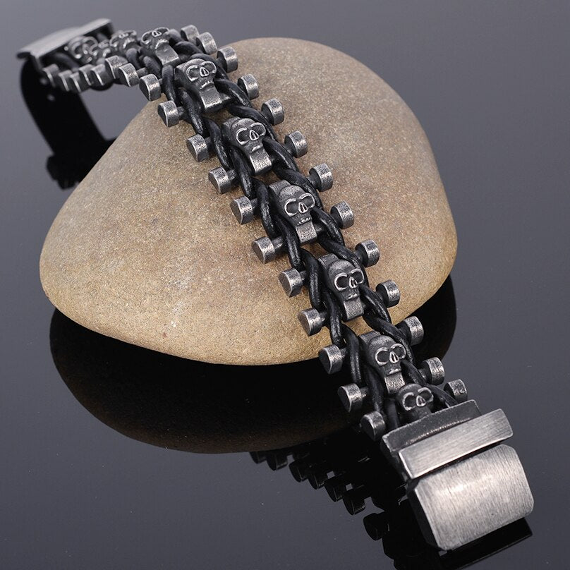 Stainless Steel & Leather Skull Man Bracelet