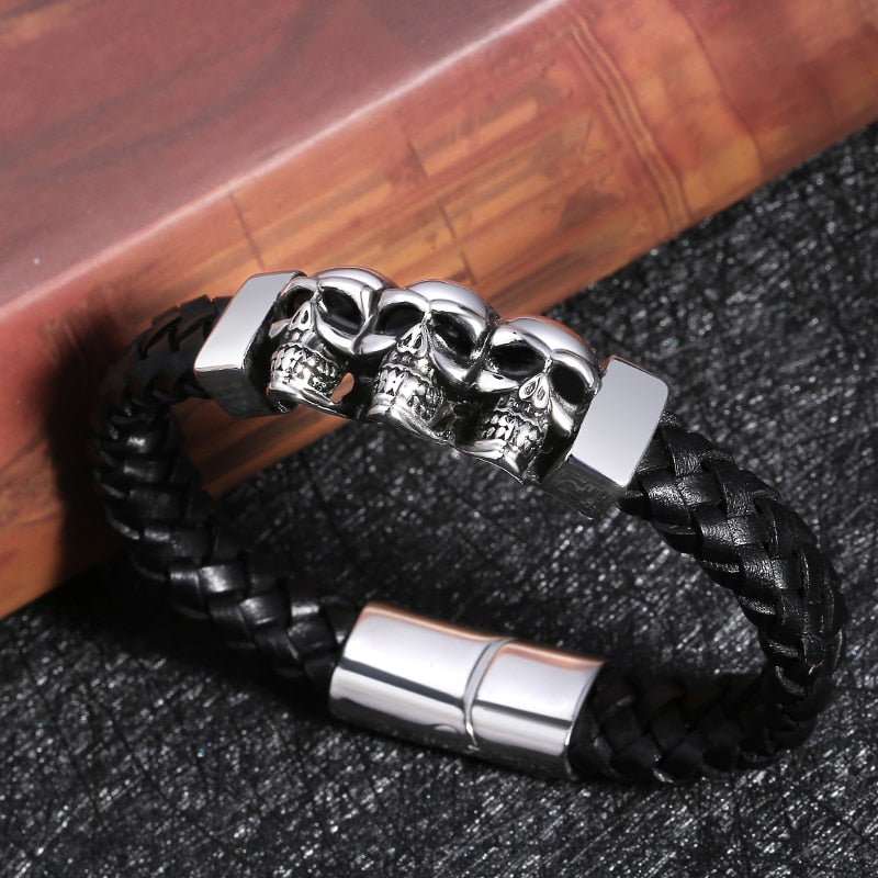Stainless Steel Leather Bracelets & Bangles Double Black