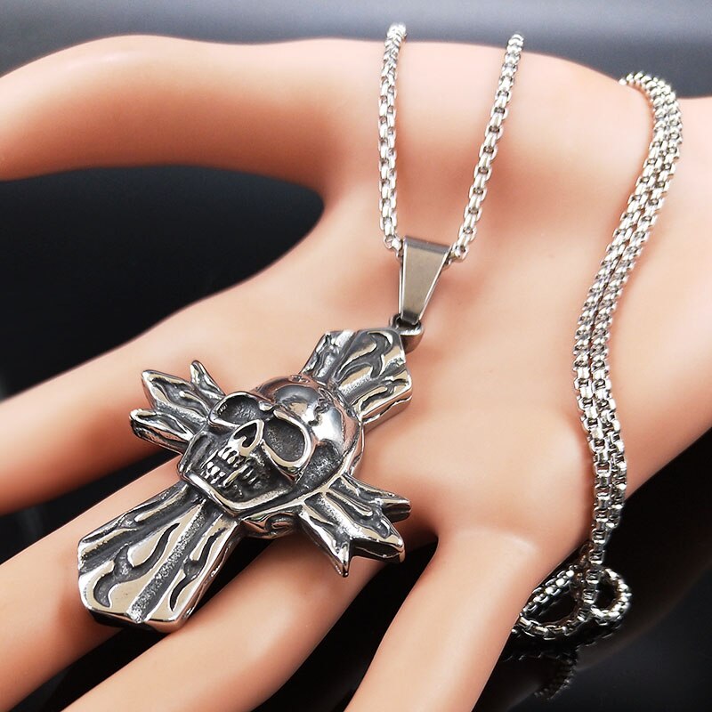 2020 Gothic Skull Cross Stainless Steel Big Necklace Men Silver