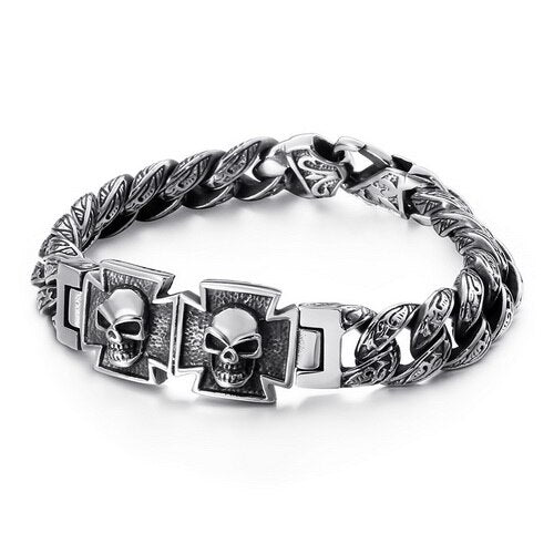 Fongten Skull Cross Curb Men's Bracelet Vintage Black