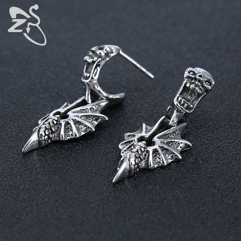 Punk Men's Stainless Steel Earrings Skull & Dragon Wings Stud Earrings