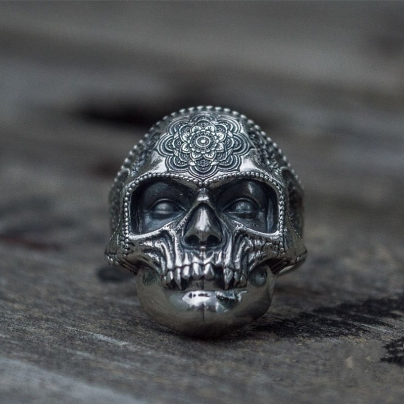 Unique Silver Color 316L Stainless Steel Heavy Sugar Skull Ring Mens