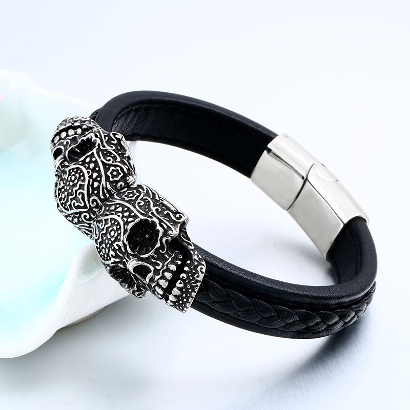 Cool Punk Double Skull Bracelet For Man 316 Stainless Steel