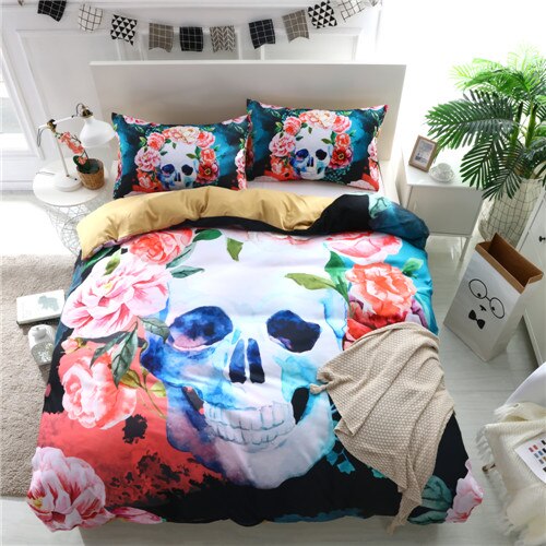 Black And White Skull Duvet Cover With Pillowcases 3D Flowers Print Soft Bed