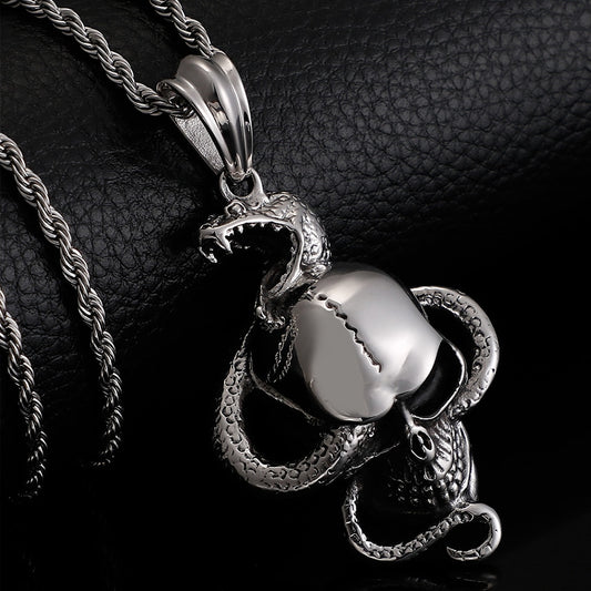 Hiphop Rocker Skull & Snake Stainless Steel Pendant Necklace