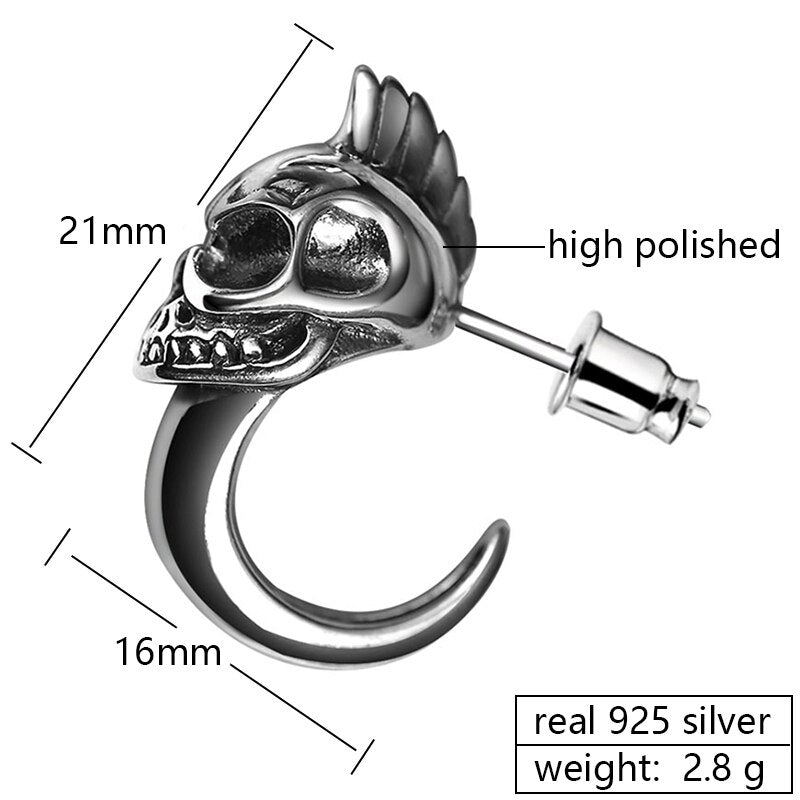 925 Sterling Silver Skull Stud Mens Earrings Vintage Black