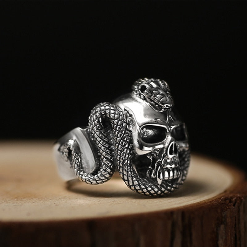 Sterling Silver Skull Ring Men With Snake Big Punk Rock Gift