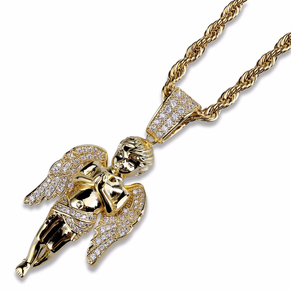 AAA+ Zircon Bling Ice Out Cupid Angel Pendant Necklaces Gold