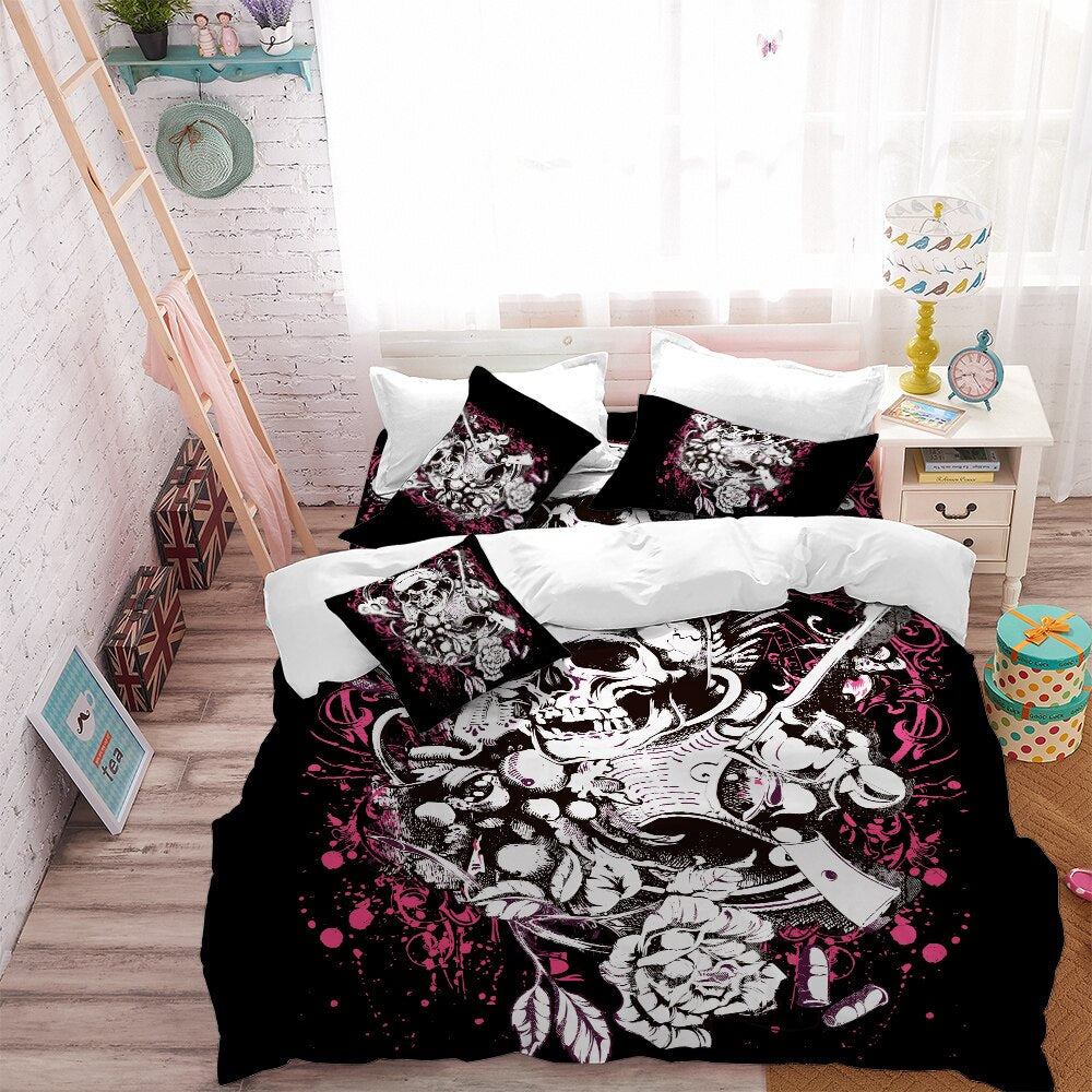 Sugar Skull Bedding Set Hot Pink Flower With Pistol Duvet Cover