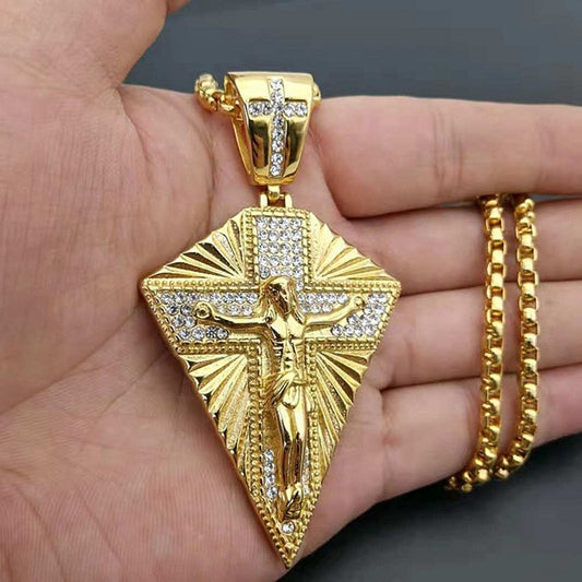 Men's Necklace Big Jesus Cross Pendant & Chain Mens Gold