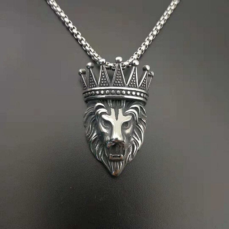 Punk Rock Titanium Steel Crown Lion Head Men Pendants Necklaces