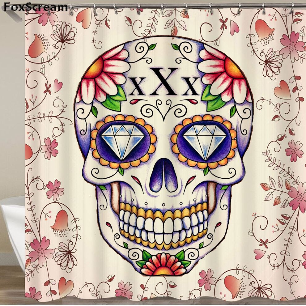 Mexican Fabric Sugar Skull show Curtains Cartoon Colored Skull  Shower Curtain Bathroom Waterproof  Polyester With Hooks