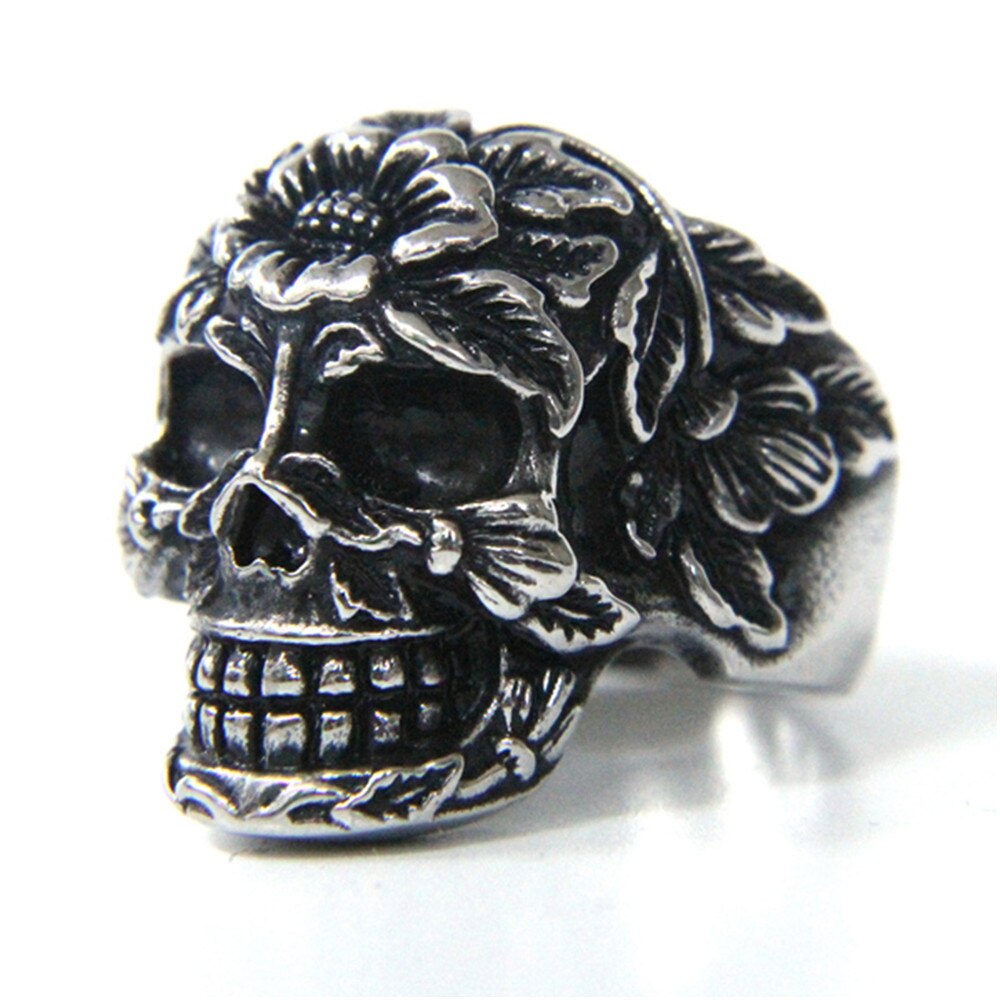 Stainless Steel Jewelry Men Boys Punk Rose Flower Skull Ring