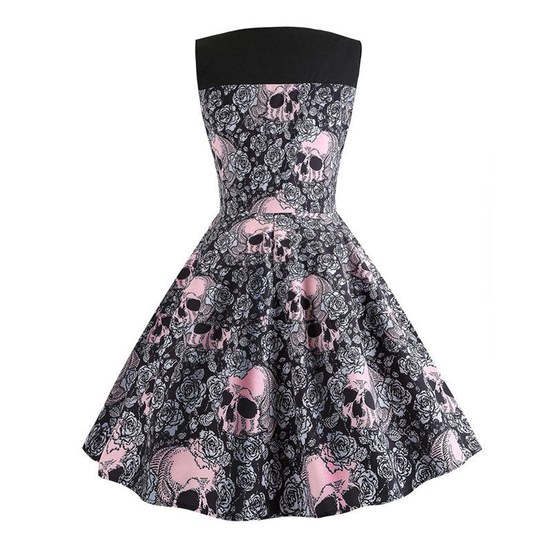 Halloween Dress Women O Neck Sexy Dress Skull Floral Print Party Dress