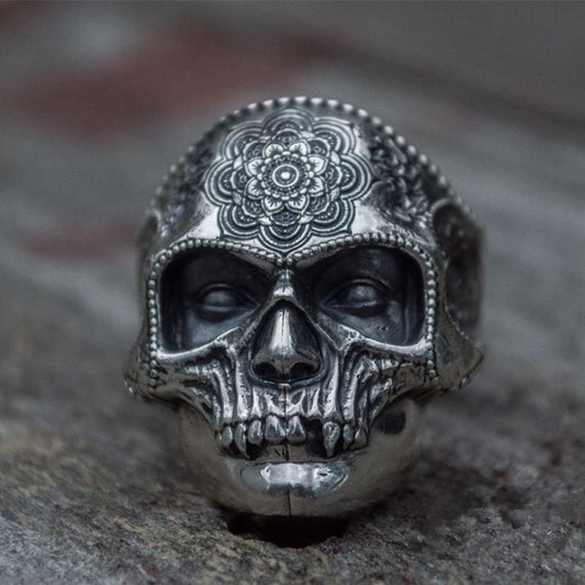 Unique Silver Color 316L Stainless Steel Heavy Sugar Skull Ring Mens