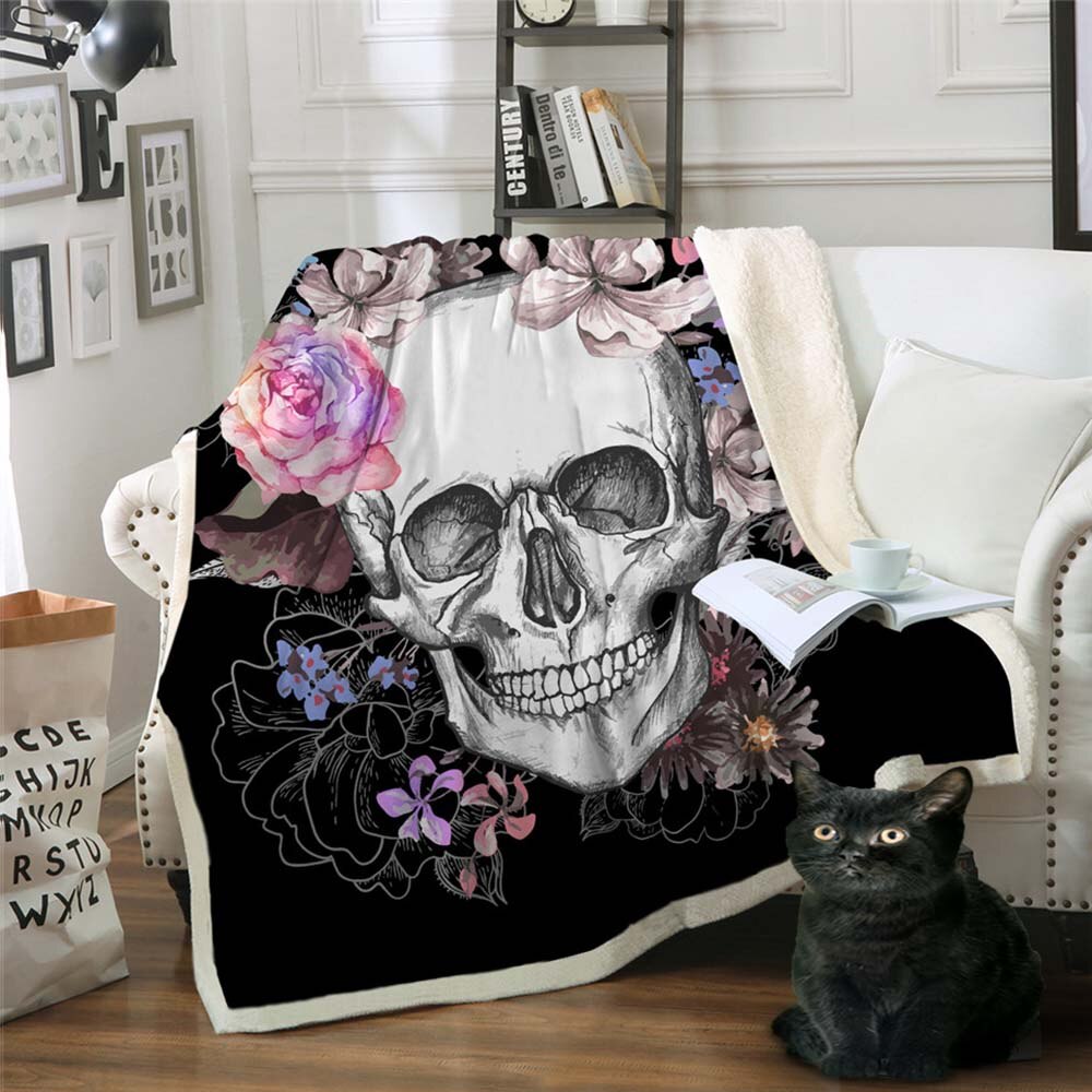 2 Sizes Flowery Skull by SunimaArt Throw Blanket Purple Gothic