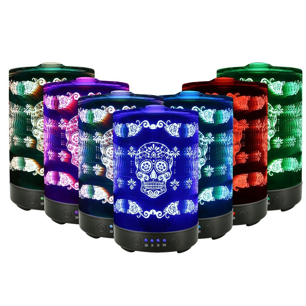 Essential Oil Diffuser Metal Skull Flower Pattern 7 Color Changing Lights