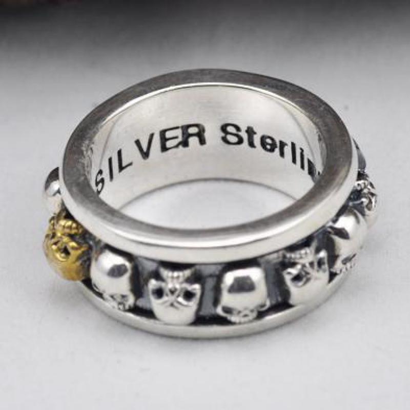 S925 Sterling Silver Rotating Spinner Skull Mens Rings