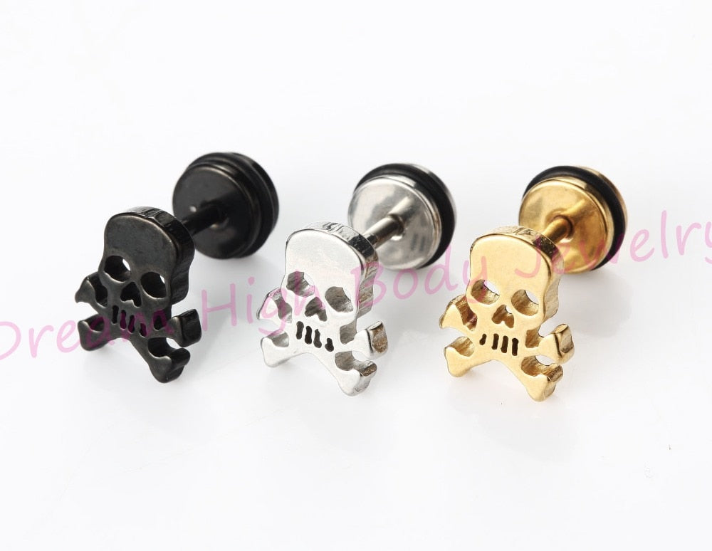 New CrossBones Ear Stud Skull Heads Cut Skeleton Plating Titanium Black Gold