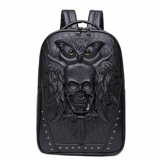 Men Backpack 3D Owl Skull Embossing Rivet Black Purse